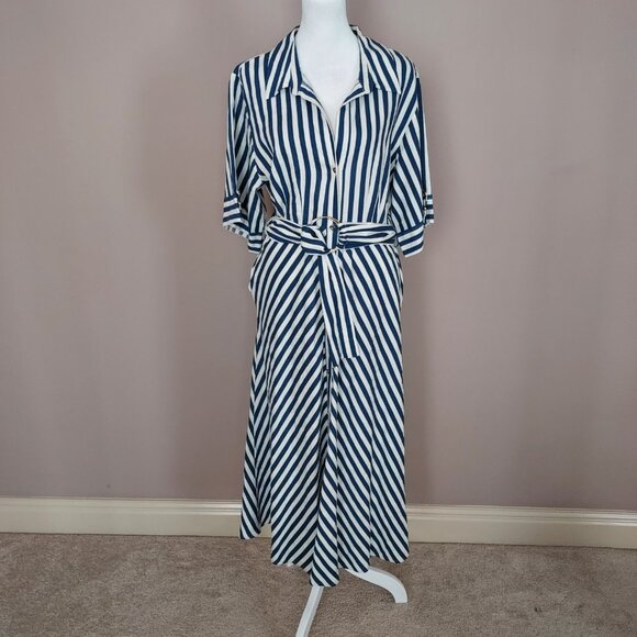 Zara Navy Blue Striped Linen Blend Belted Midi Shirt Dress Size Large - Picture 7 of 11